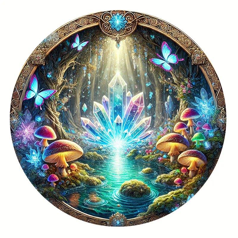 Hisun Tin Sign Vintage Enchanted Forest Glowing Crystal Mushroom Round Tin Sign Retro Magical Blue Butterfly Fairycore Themed Metal Wall Art P