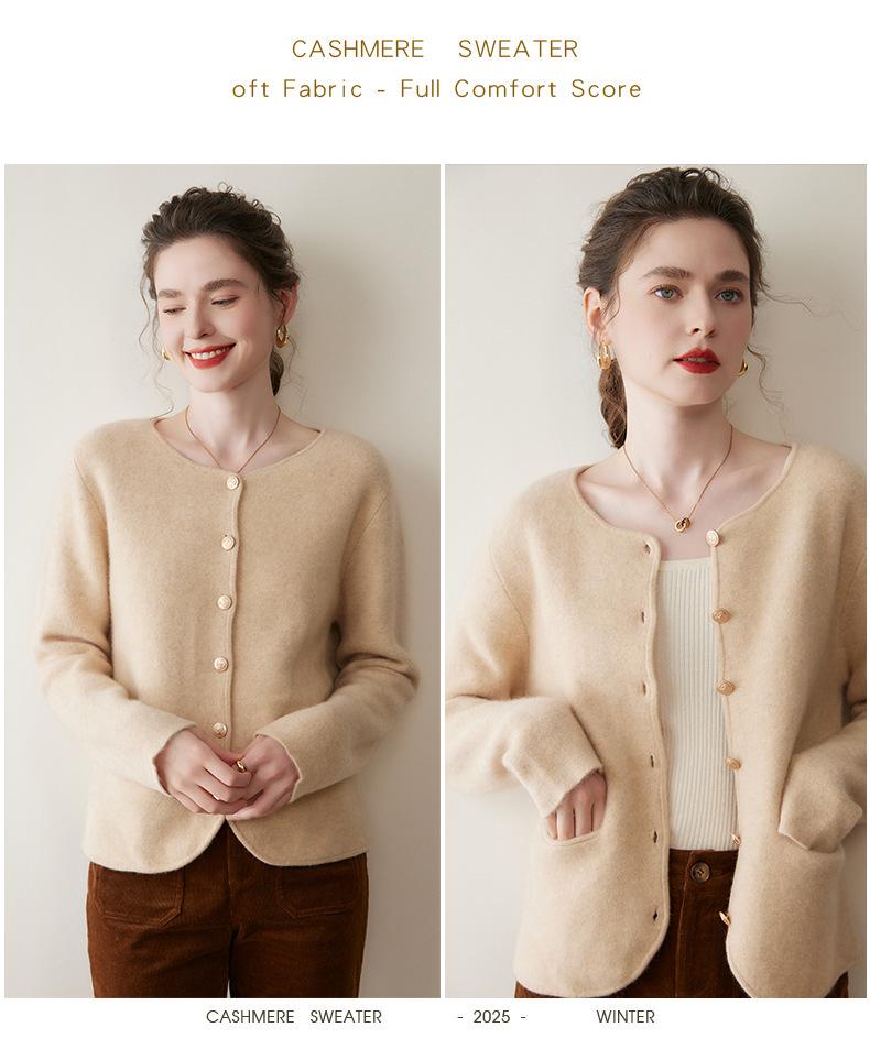 Round Neck Cashmere Cardigan for Women - Autumn/Winter Thick Knit Sweater Coat.