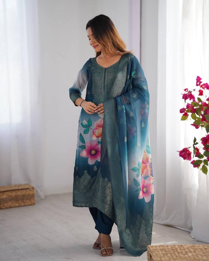 Women Party Wear Designer Kurta Pant Dupatta Set Indian Bollywood Top Tunic Kurti