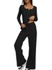 European & American Women's Solid Color Long-Sleeve Two-Piece Button Round Neck Pants Set