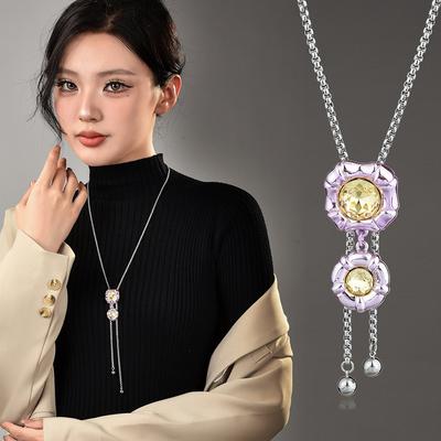 Dopamin-Serie, Farbe, Stretch, lange Halskette, Damen, umklappbare Halskette mit Blumenanhänger, modischer Kristallperlen-Anhänger, luxuriöse lange Halskette, Pulloverketten