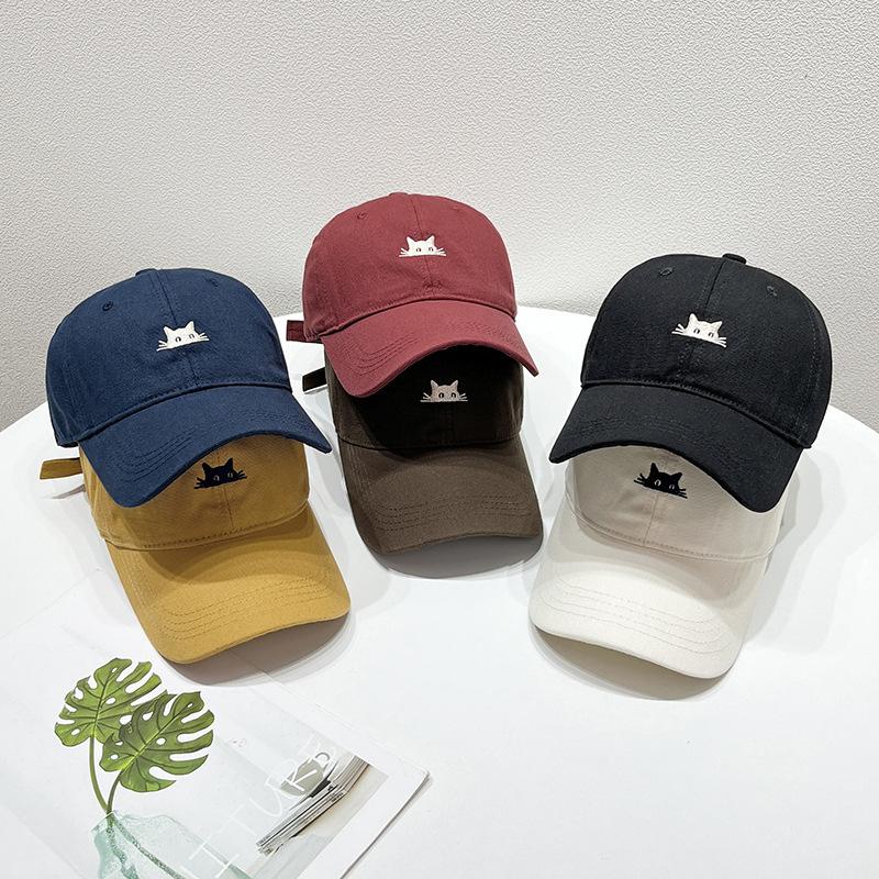 Embroidered Cartoon Cat Baseball Cap, Adjustable Polyester Hat with Breathable Washed, Animal Theme Outdoor Sports Cap for Fishing, Camping, Parties