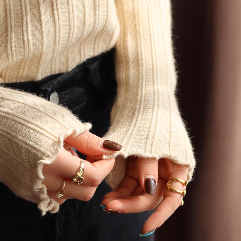 Women's White Half-High Neck Ruffle Trim Knit Sweater - Autumn/Winter 2025 Collection