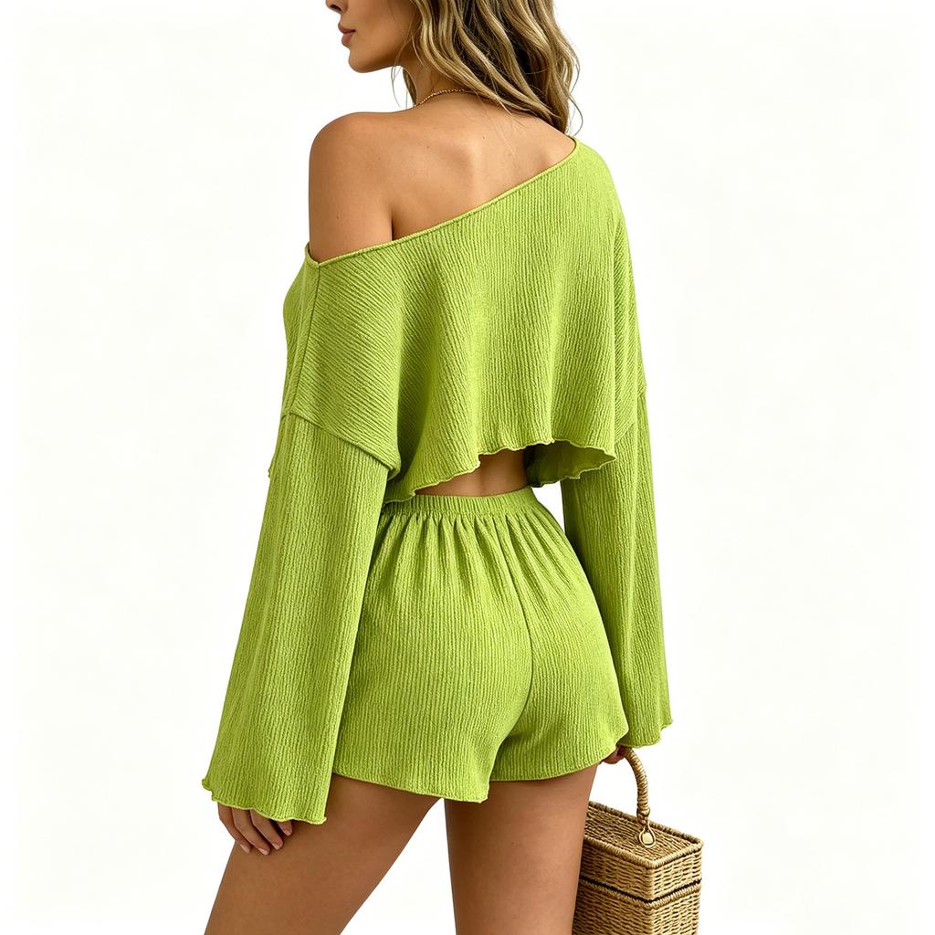 Women Two Piece Set Asymmetric Off Shoulder Crop Top and High Waist Shorts Summer Casual Lounge Wear Striped Knit Fabric