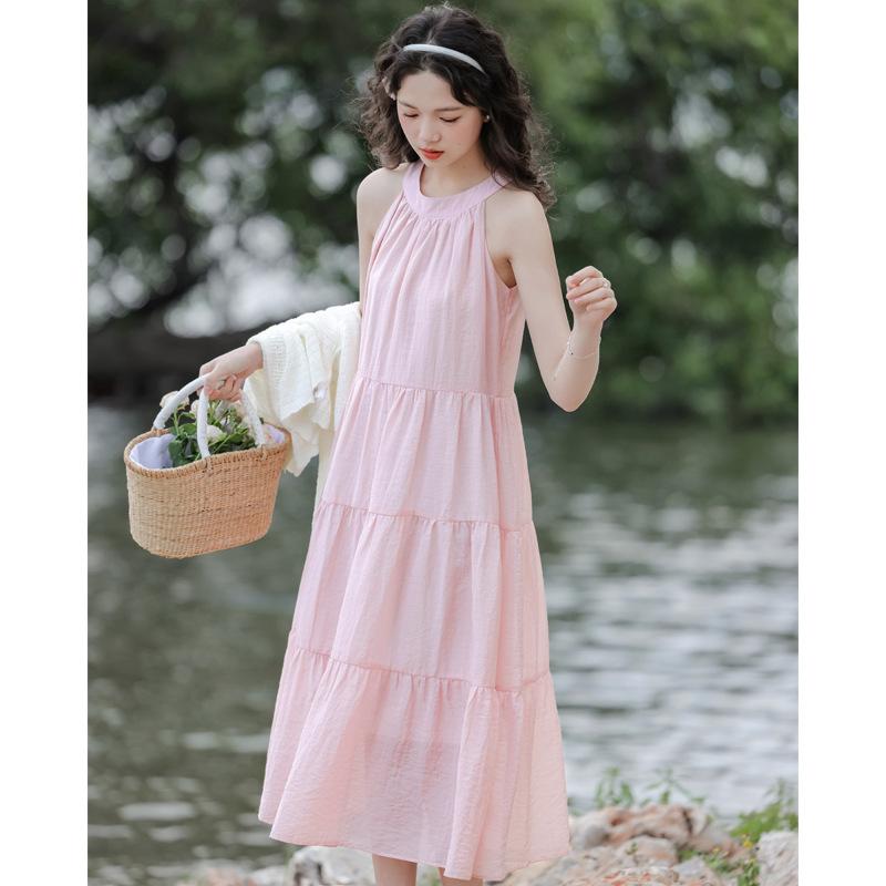 Summer Sweet and Gentle Temperament Vacation Pink Loose Sleeveless Neck Mid-length Dress