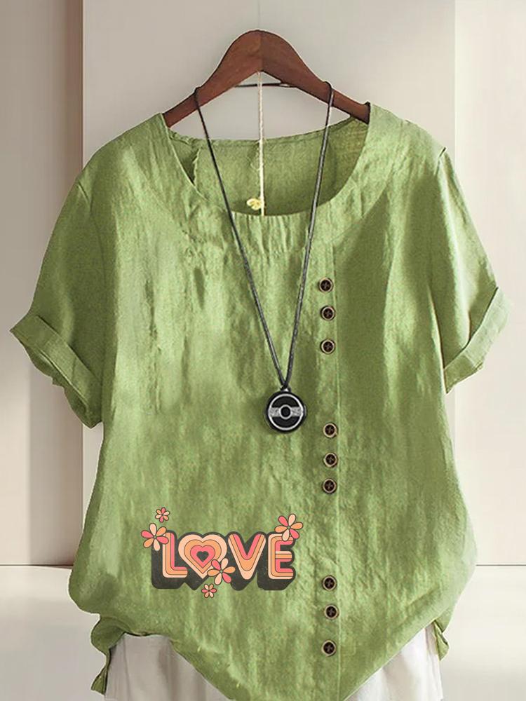 Women's Fashion Love Letters Print Casual Cotton Linen Short Sleeve Round Neck T-shirt Shirt Leisure Loose Summer Blouse Tops