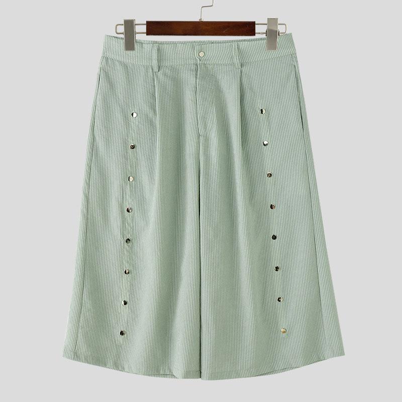 INCERUN Men Zipper Casual Loose Striped Wide Leg Capri Pants Shorts