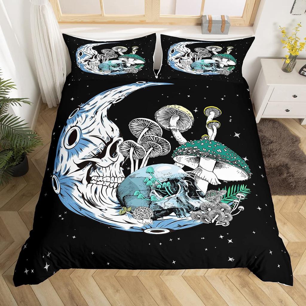 Gothic Skull Bedding Set King Queen Bohemian Skeleton Sun Duvet Cover Trippy Mushroom Comforter Cover Flower Plant Quilt Cover