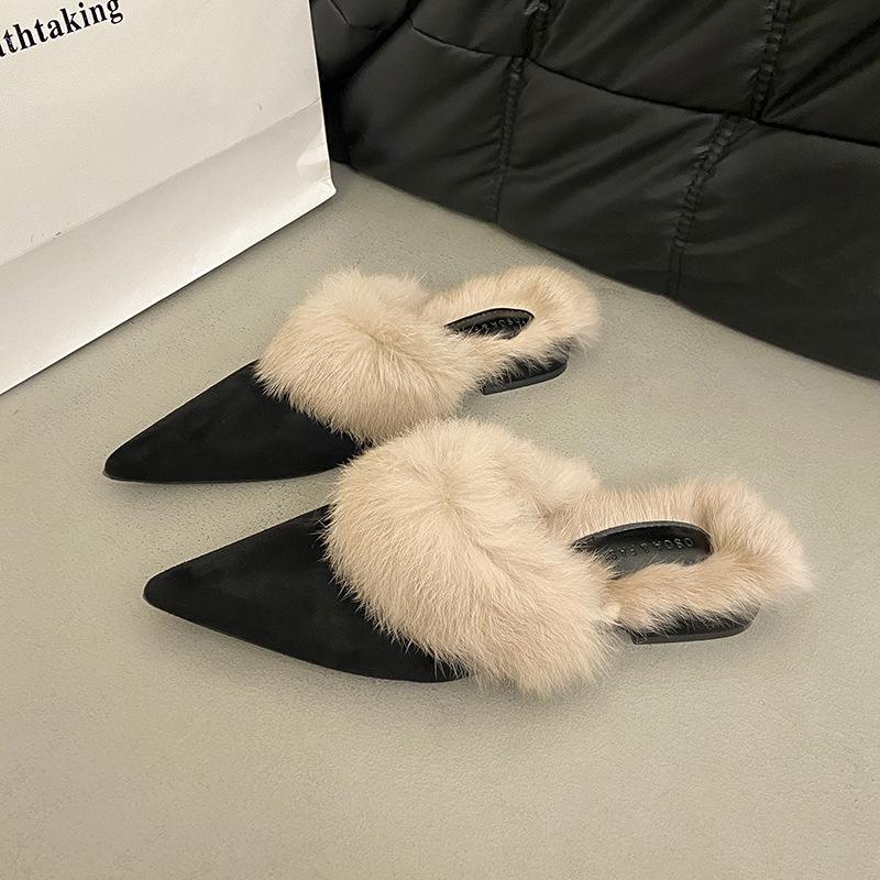 2025 autumn and winter new pointed head thin heel European and American fashion high heel fine heel slippers bag head empty women's shoes