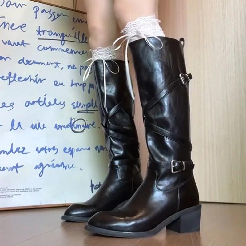 Long Boots Women's Autumn and Winter New Style Retro Thick Heel Knight Boots Fashionable Wide Cross Buckle Pointed High Boots