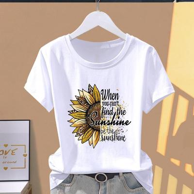 (Asian Size) Short Sleeve T-shirts T Clothing Casual Fashion Flower Letter Style Cute Print Female Casual Women's Top Graphic Tee