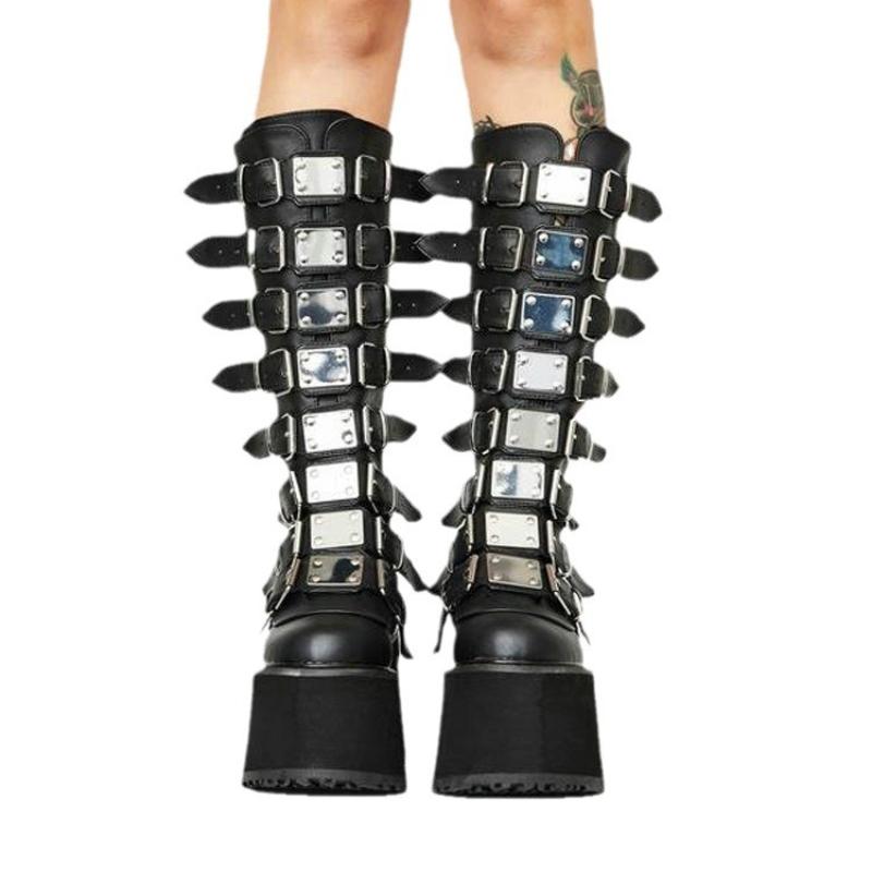 SyfIyno New European and American Long Boots with A Metal Buckle Strap of 11cm Thick Sole and High Boots In Extra Size