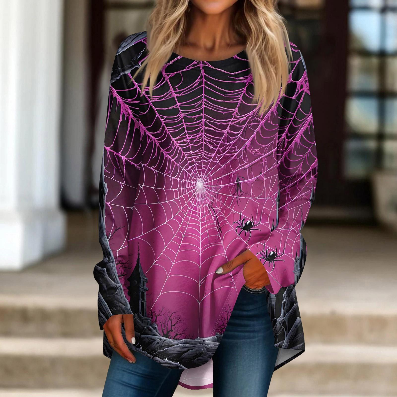 

Женская свободная футболка с круглым вырезом и принтом Хэллоуина, длинный рукав, топ, пуловер XXXL фиолетовый