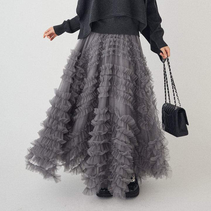 Elegant A-line Ruffle Lace Maxi Skirt - Versatile Puffy Long Hem Design