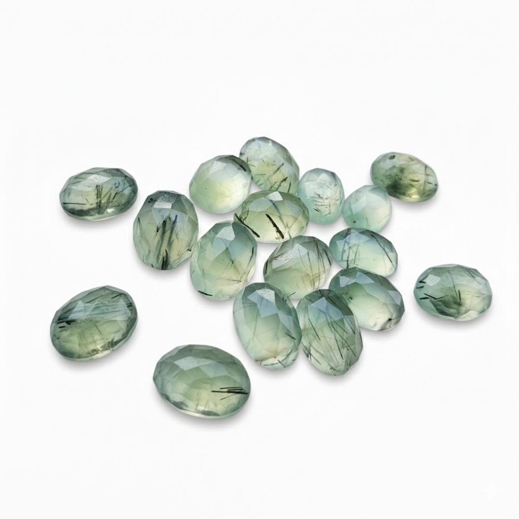 Natural Prehnite Oval Faceted Gemstones, Green Prehnite Cabochon Cut Stones, Included Prehnite Gems, Jewelry Making Supplies