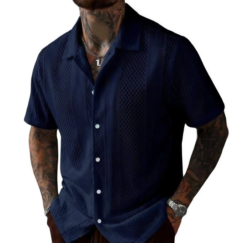 Summer Popular Men's Short-sleeved Shirt Solid Color Knitted Hollow Lapel Breathable Top