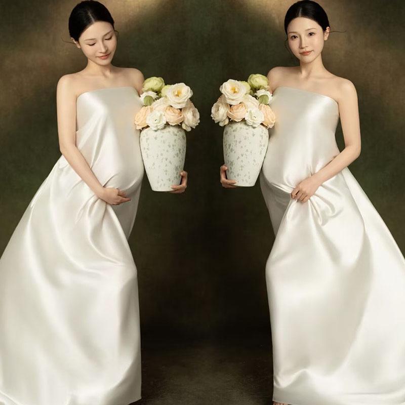 

2026 Fashion Maternity Photoshoot Dress: New Satin Fabric Fairy White Outfit for Pregnant Moms One Size