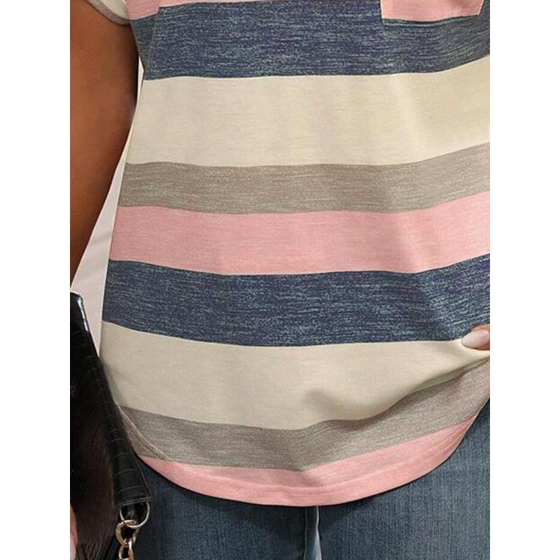 Summer Women Casual Comfortable Striped V-Neck Multi-Color Short Sleeve T-Shirt