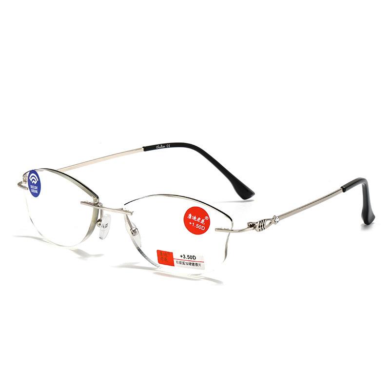 

Ultra-thin high definition cat s eye diamond trimmed frameless PC reading glasses anti-blue light and anti-radiation reading glasses 400 degrees