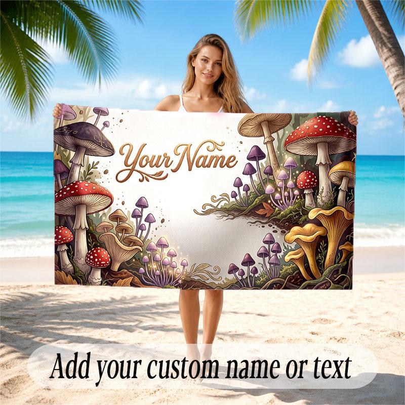 Mushroom Forest Theme Soft Beach Towel Personalized Custom Name Text Towel Portable for Beach Pool Travel