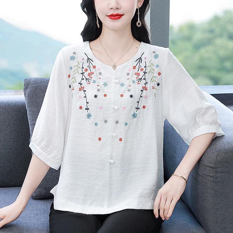 2026 Summer Embroidered Cotton-Linen Top for Slimming and Covering, Ideal for Middle-Aged and Elderly Women
