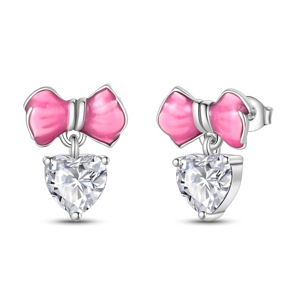 New Copper Sparkling Pink Bow Stud Earrings & Pavé Dangle Hoop Earrings For Girl Sweet Romantic Jewelry Gift