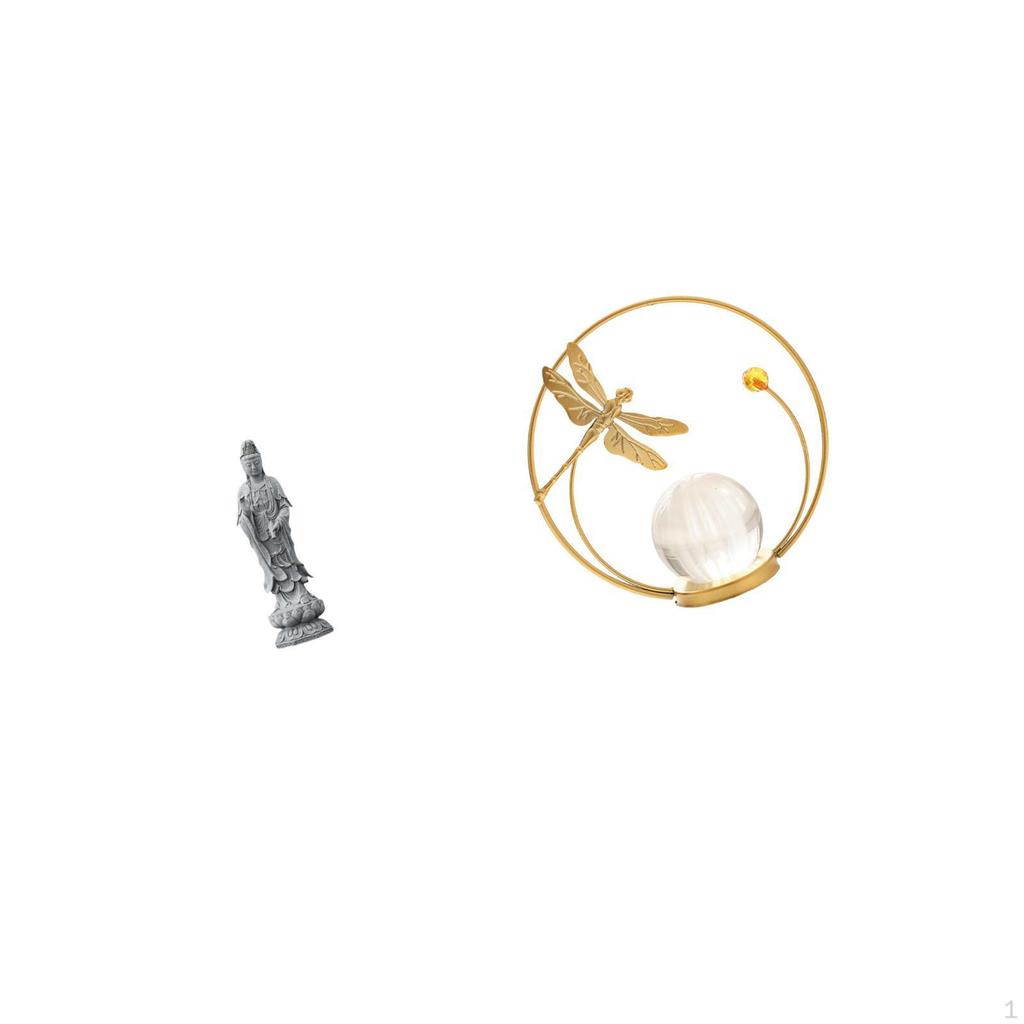 Guan Yin Crystal Ball Statue Stone Ornament Metal Figurine Feng Shui Collection Chinese Female