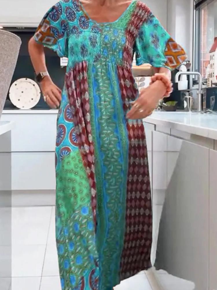 

Women s Colorful Floral Print Long Dress with Geometric Patterns, V-Neck, Flowy Maxi Dress XXXL синій