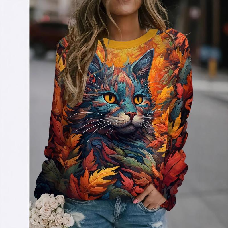 Digital Printed Pullovers Cartoon Cute Cat Autumn Winter Women's Round Neck Casual Long Sleeved Sweatshirt