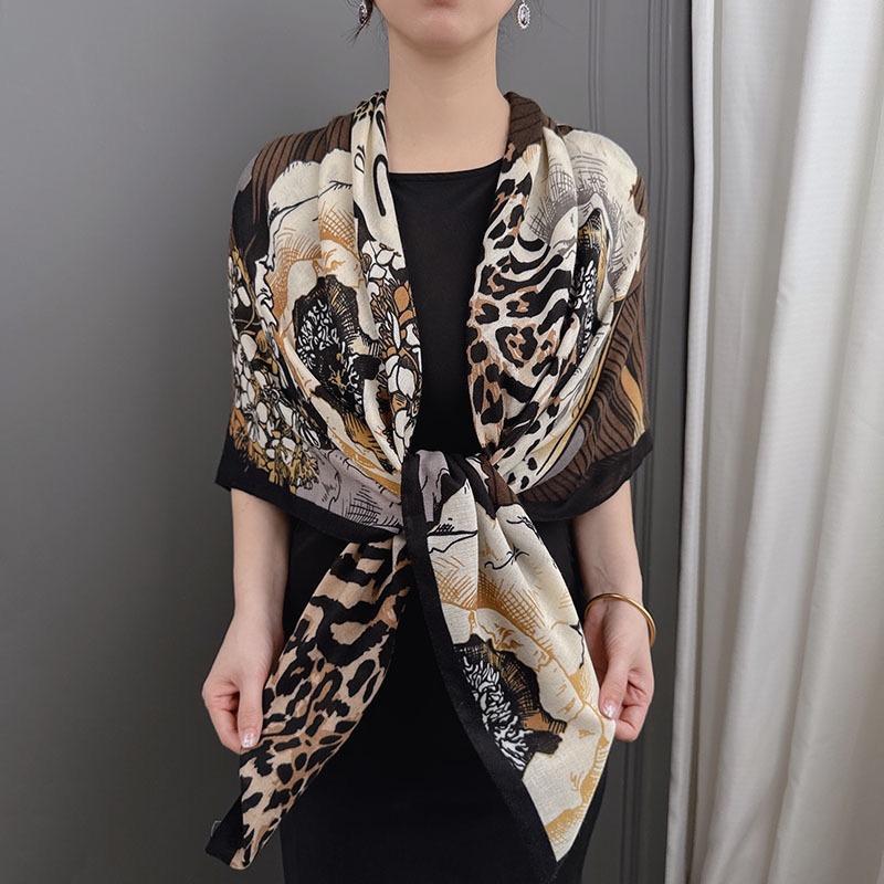 Winter Fashion 130Cm Square Leopard Floral Thick Viscose Shawl Scarf Lady High Quality Wrap Pashmina Stole Bufandas Muslim Hijab