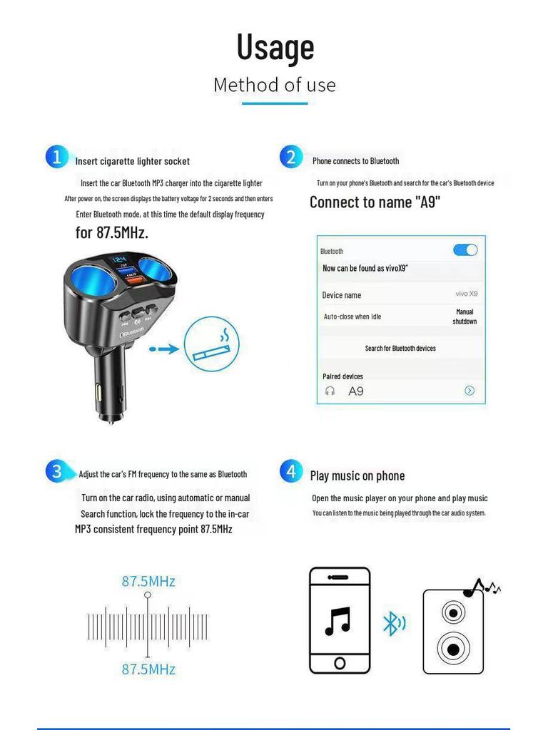 MP3 Bluetooth USB Player with Rotating Dual Cigarette Lighter & 66W Fast Car Charger