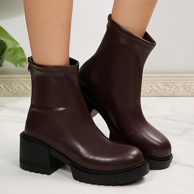 Mode Mode Dicke Absätze Stiefeletten Damen 2025 Reißverschluss hinten Übergröße 35-42 PU-Lederstiefel Frau Runde Zehenpartie Plateau Stiefeletten Mujer