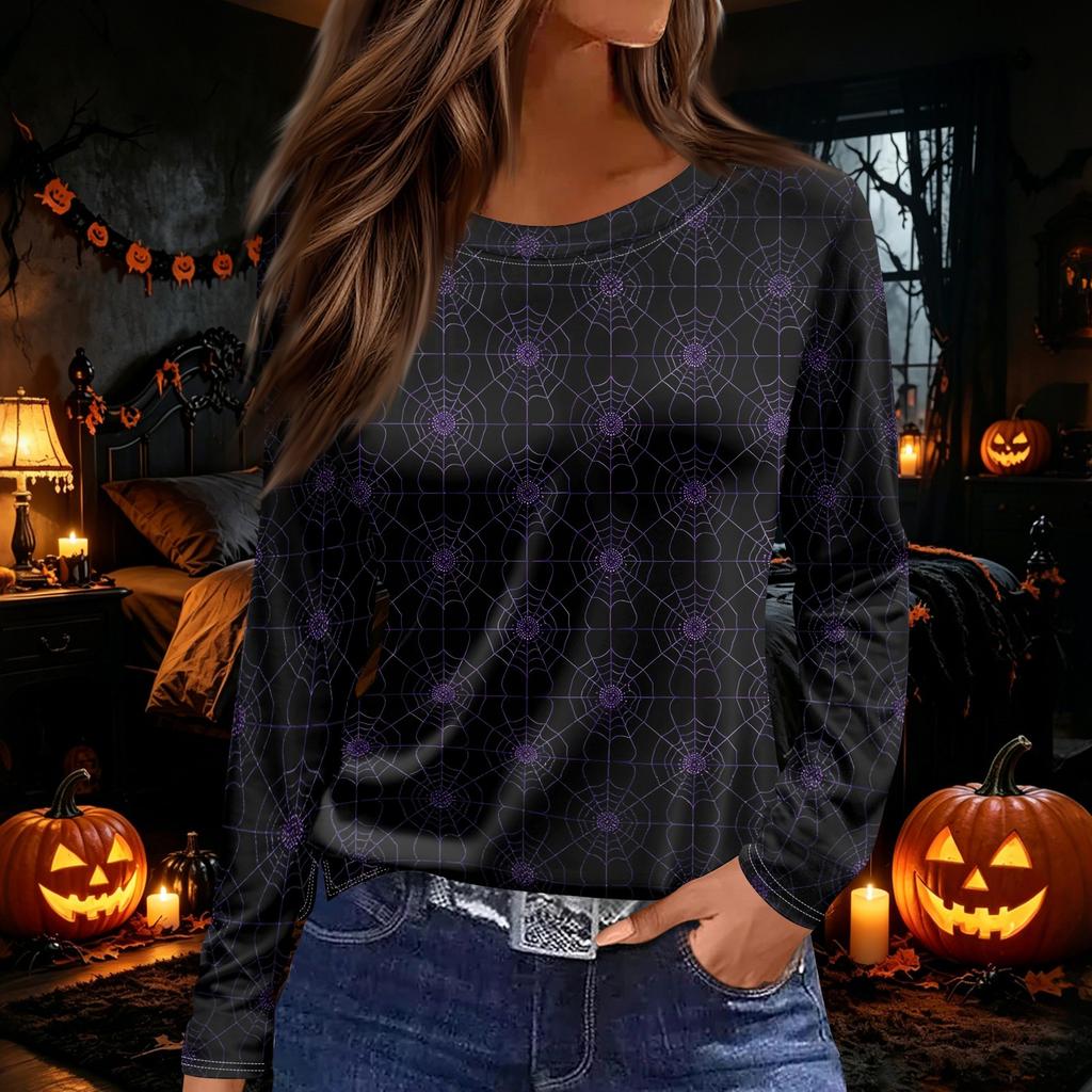 Women's Halloween Print Long Sleeve Round Neck Top with Hem Slit