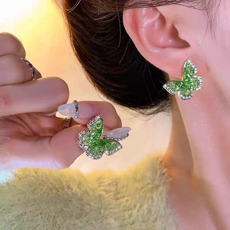 Mambo Mint Green Crystal Flower Butterfly Stud Earrings Temperament Personality Earrings Sweet Earrings Women