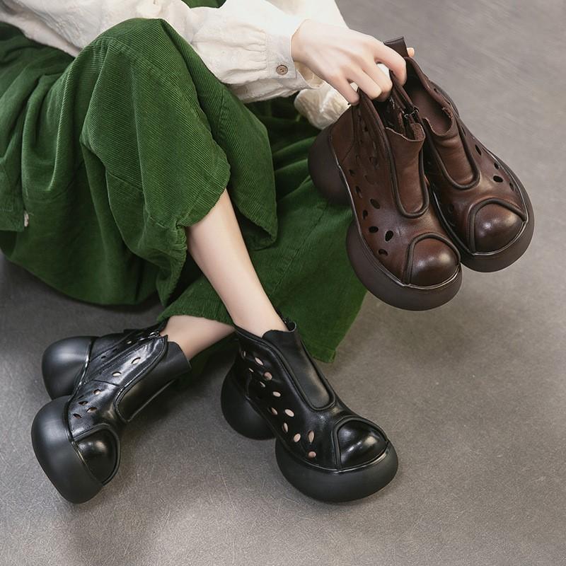 Johnature Genuine Leather Round Toe Hollow-out Thick Soled Boots Retro High Heels Women's Platform Shoes