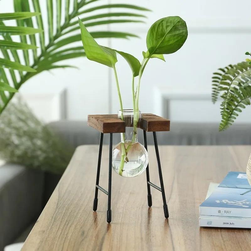 Modern Wooden Frame Hydroponic Planter Glass Bulb Vase Indoor Bonsai Decor for Desk