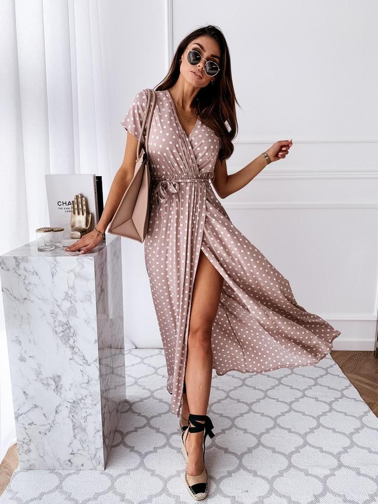 Summer V-Neck Bohemian Polka Dot Long Dress with Short Sleeves