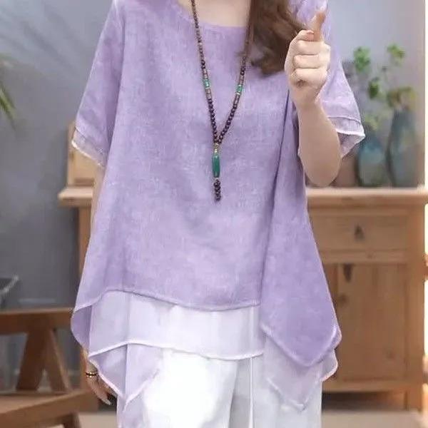 Women's Summer Loos Temperamente Literary Retro Suit Belly Shading Thin Blouse + Casual Trousers Two-piece Set