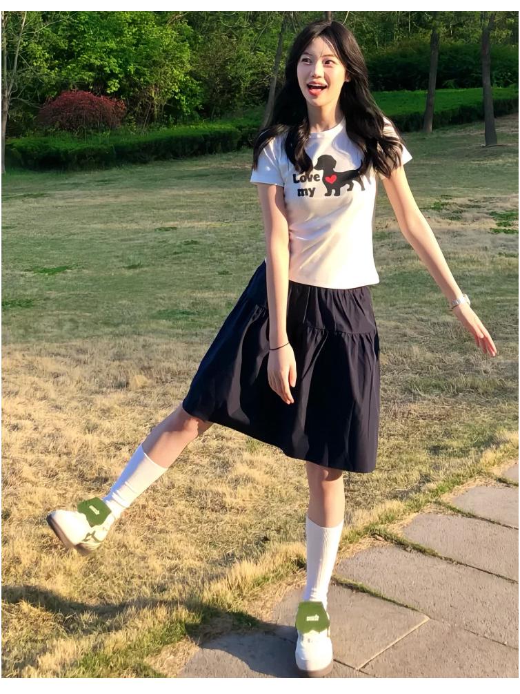 Navy Blue Japanese-Style A-Line Midi Skirt for Women - Summer 2025, High-Waisted, Casual Versatile College Style