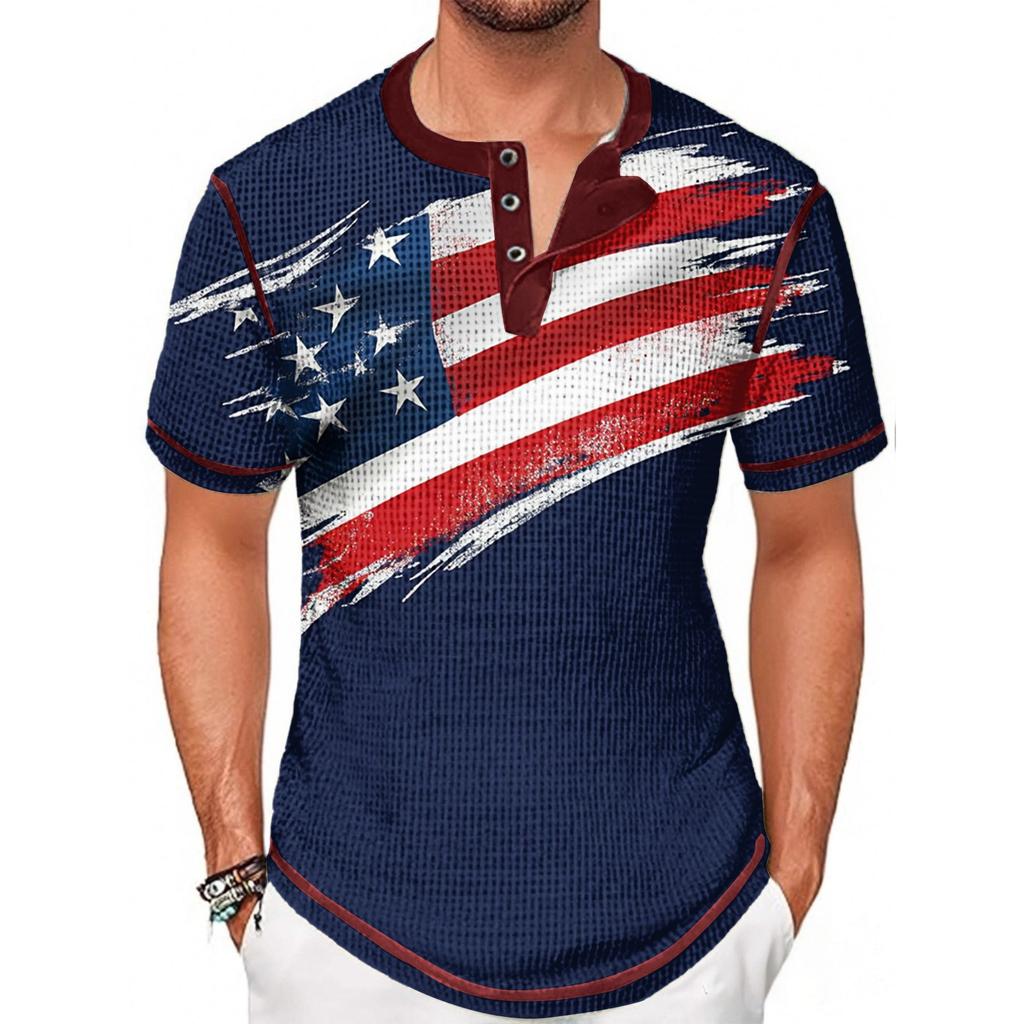 Summer Men's Stand-up Collar Short-sleeved T-shirt With Independence Day Print