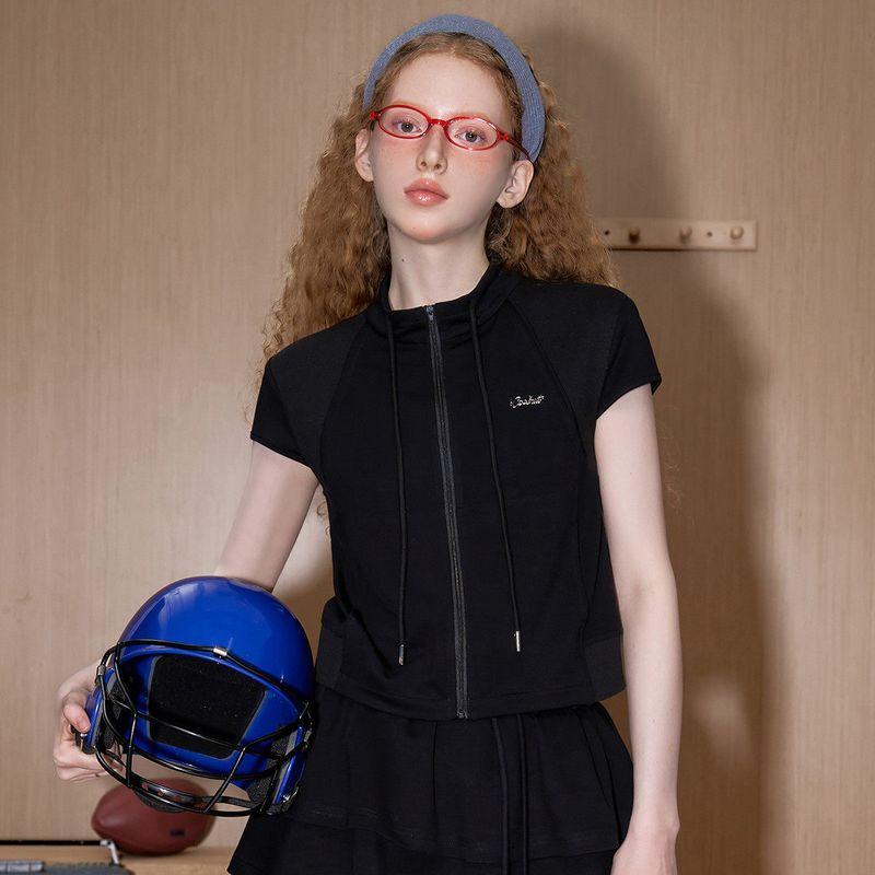 Coolhut2025 Design Is Slim-Fitting and Slimming, with a Stand-Up Collar and Zipper, Black Short Sleeves