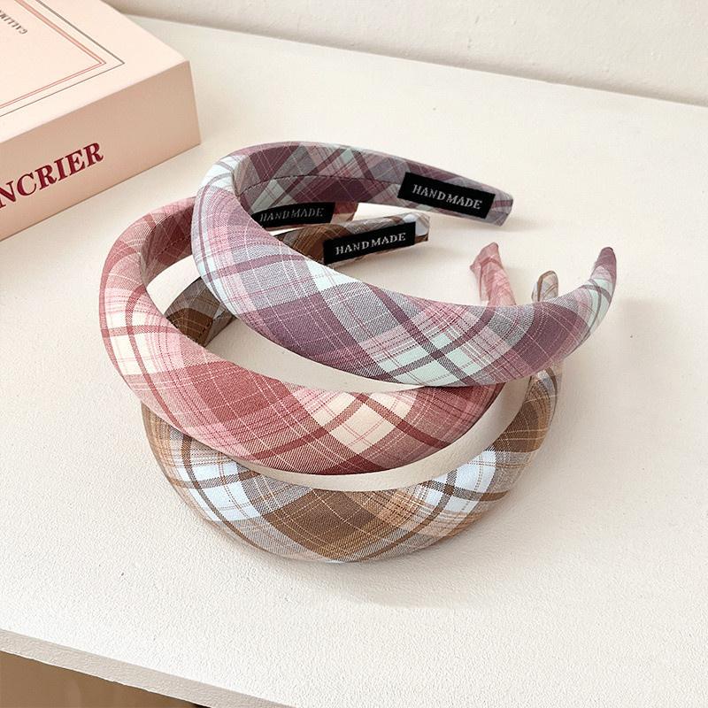 3CM Spring Summer Stylish Bluish Pinkish Plaid Headband with Sponge Padding for Women's And Girls Hair Accessories