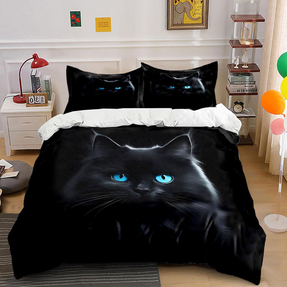 Black Cat with Blue Eyes Set Bedding Duvet Cover Set Duvet Cover Pillowcases (1 * Duvet Cover 2 * Pillowcases, without duvet insert)