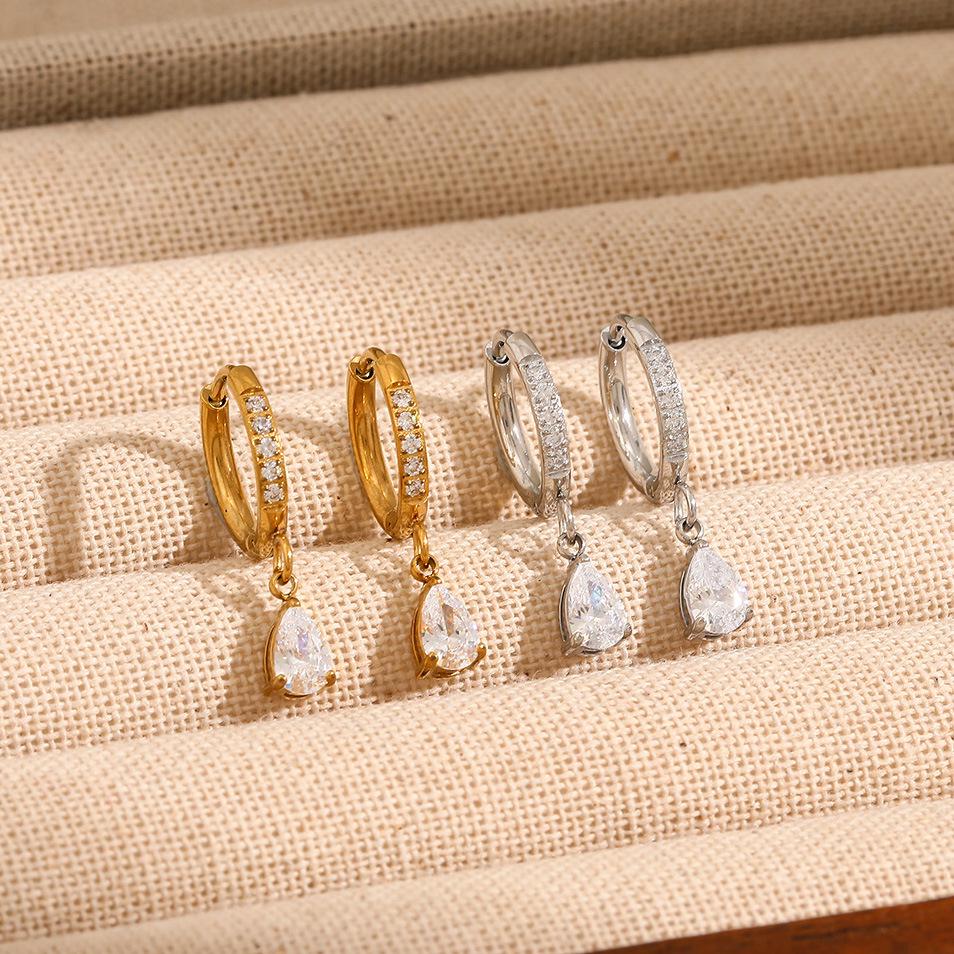 18K Gold Zirconia Water Drop Diamond Stainless Steel Pendant Earrings - Versatile & Elegant for Women