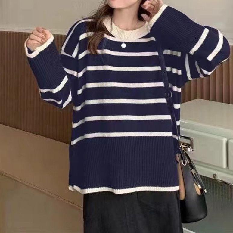 Korean Striped Knitwear for Women: 2026 Retro Lazy Style Soft Pullover Sweater for Autumn/Winter