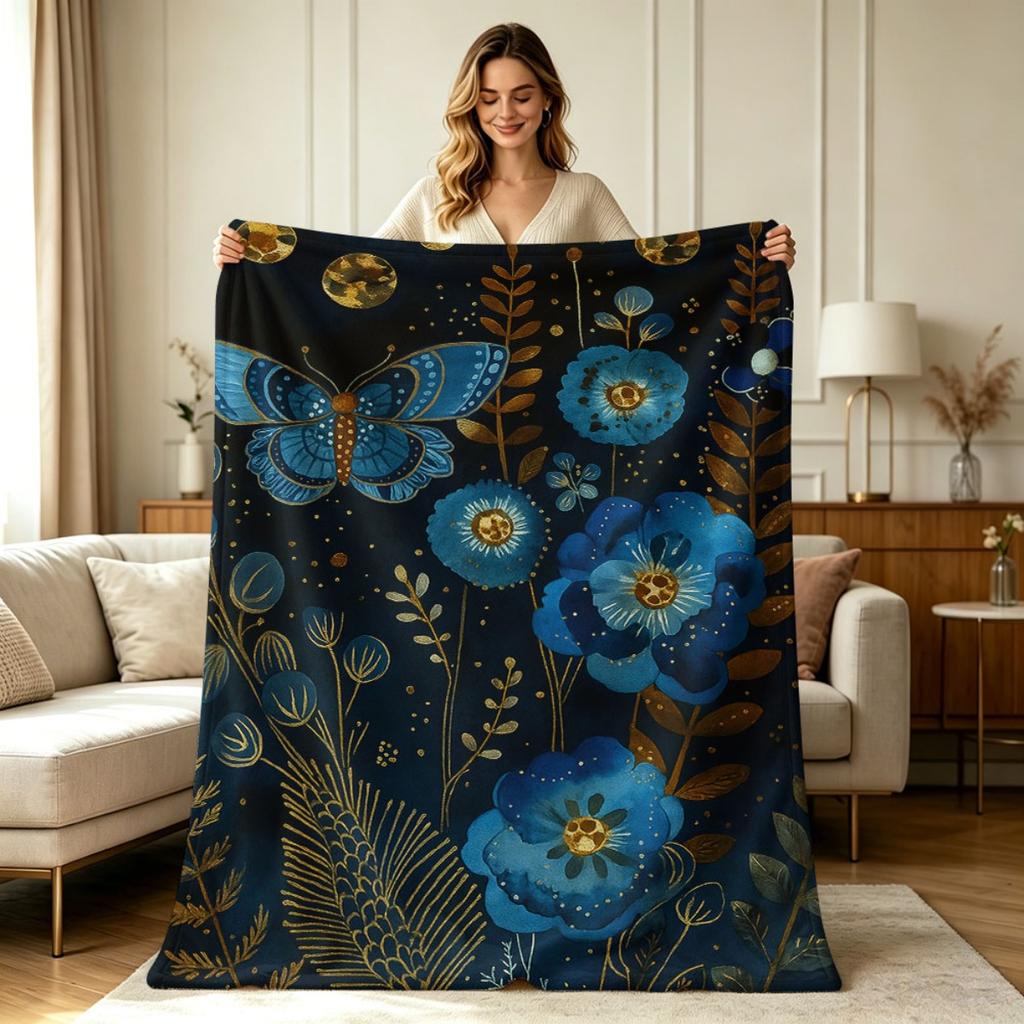 Soft Flannel Throw Blanket with Vintage Midnight Blue Floral Butterfly Moon Print All Season Warm Cozy Lightweight Blanket for Sofa Couch Bed Office L