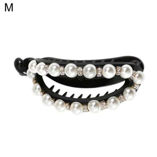 Women Hollow Geometric Oval Rhinestone Faux Pearl Hairpin Ponytail Hair Clip