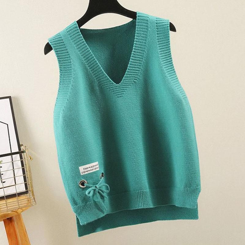 Жилет-свитер, женский трикотажный жилет без рукавов с V-образным вырезом, однотонный трикотажный свитер, повседневный трикотажный жилет, свитер с разрезом S синий