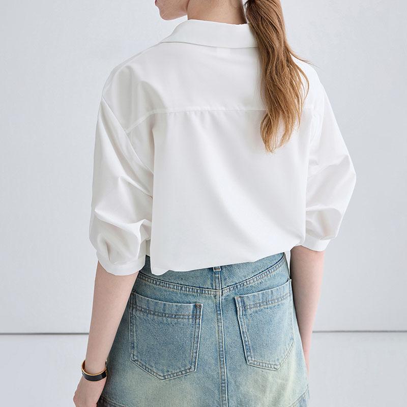 V-neck Short Sleeved Polo Neck White Shirt Women's Commuting Elegant Solid Colour Loose Blouses Thin Top Spring and Summer