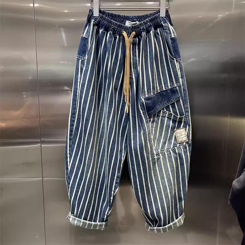 Talla Grande 300 Libras Modernos Pantalones Harem de Verano para Hombre de Mezclilla con Rayas Verticales Cintura Elástica Nueve Puntos